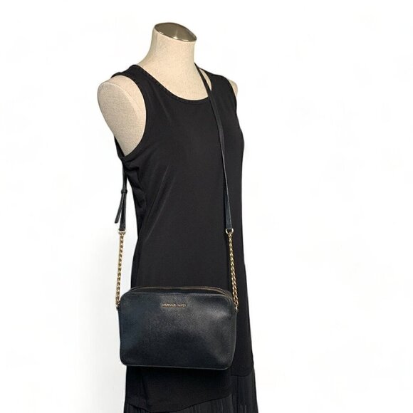 MICHAEL KORS Leather Jet Set East West Crossbody Bag With Chain Strap Black/Gold - Picture 4 of 13